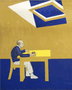 A stylized painting of a bald man seated sideways at a yellow table, holding a small cup. The room is rendered in flat mustard and deep blue blocks with a tilted, geometric ceiling light that distorts perspective, creating a solitary, contemplative mood.