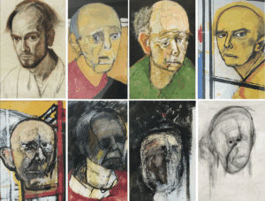 Eight self-portraits by William Utermohlen, arranged chronologically, showing his face becoming progressively simplified (less detailed) and more abstract with Alzheimer’s.